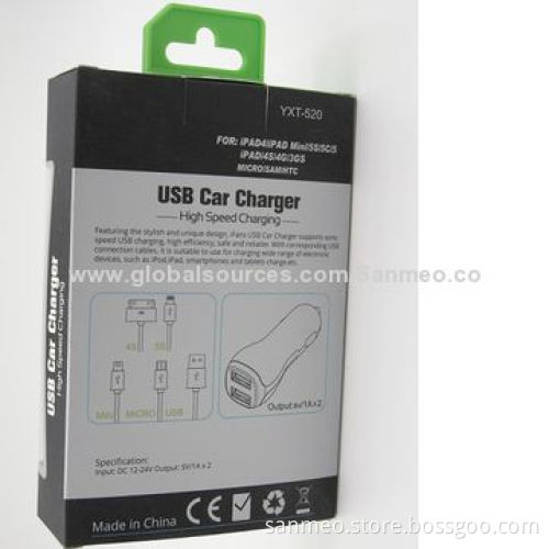 Universal 3-in-1 Dual USB Car Charger for iPhone/iPad/iPod/BlackBerry/HTC/MOT/MicroNew